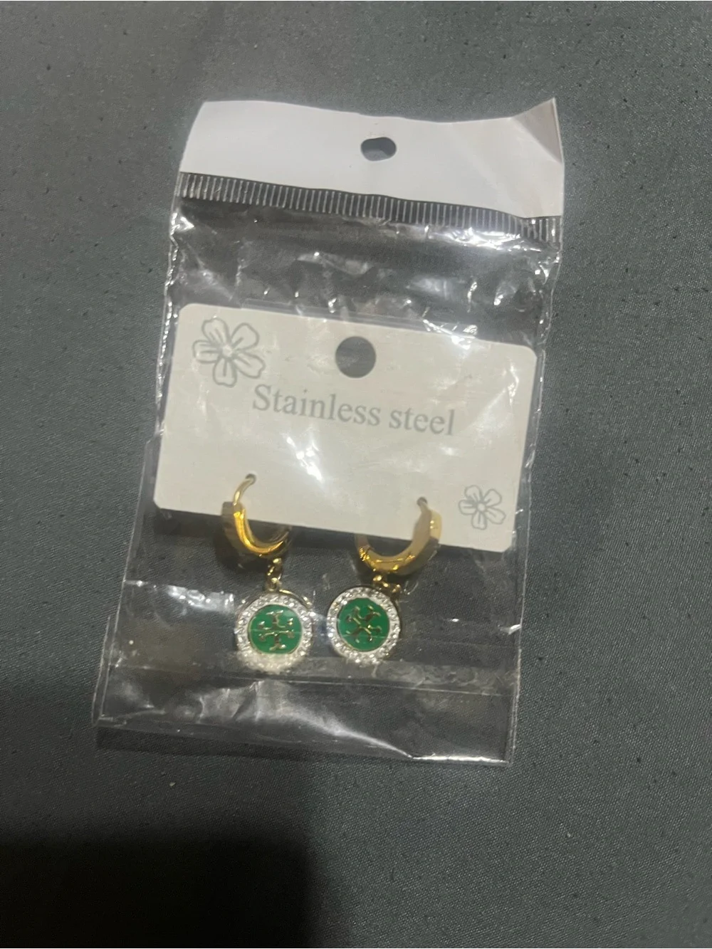 Stainless Steel 14 k  Hoop Earrings with Green Enamel Dangle